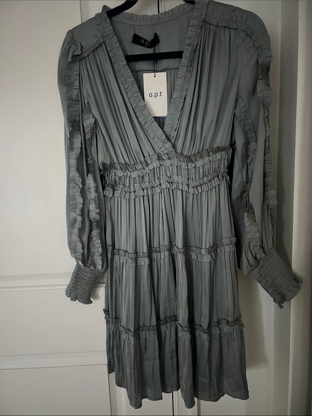 Ruffle V-Neck Long Sleeve Tiered Dress in Sage